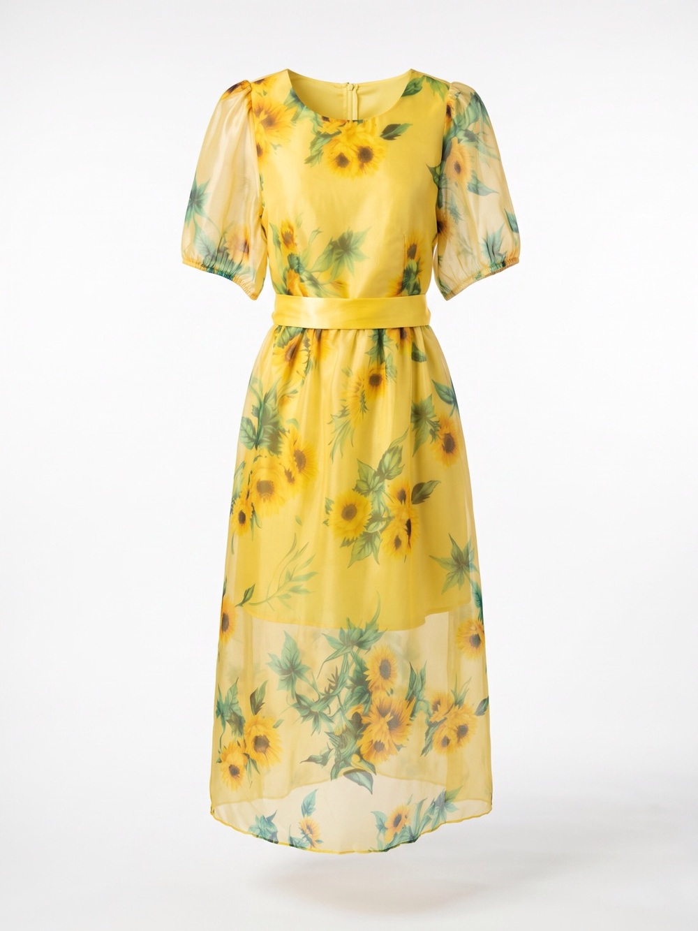 Women’s Yellow Sunflower Midi Dress Sheer Puff Sleeves Lined Sizes-1XL 2XL 3XL